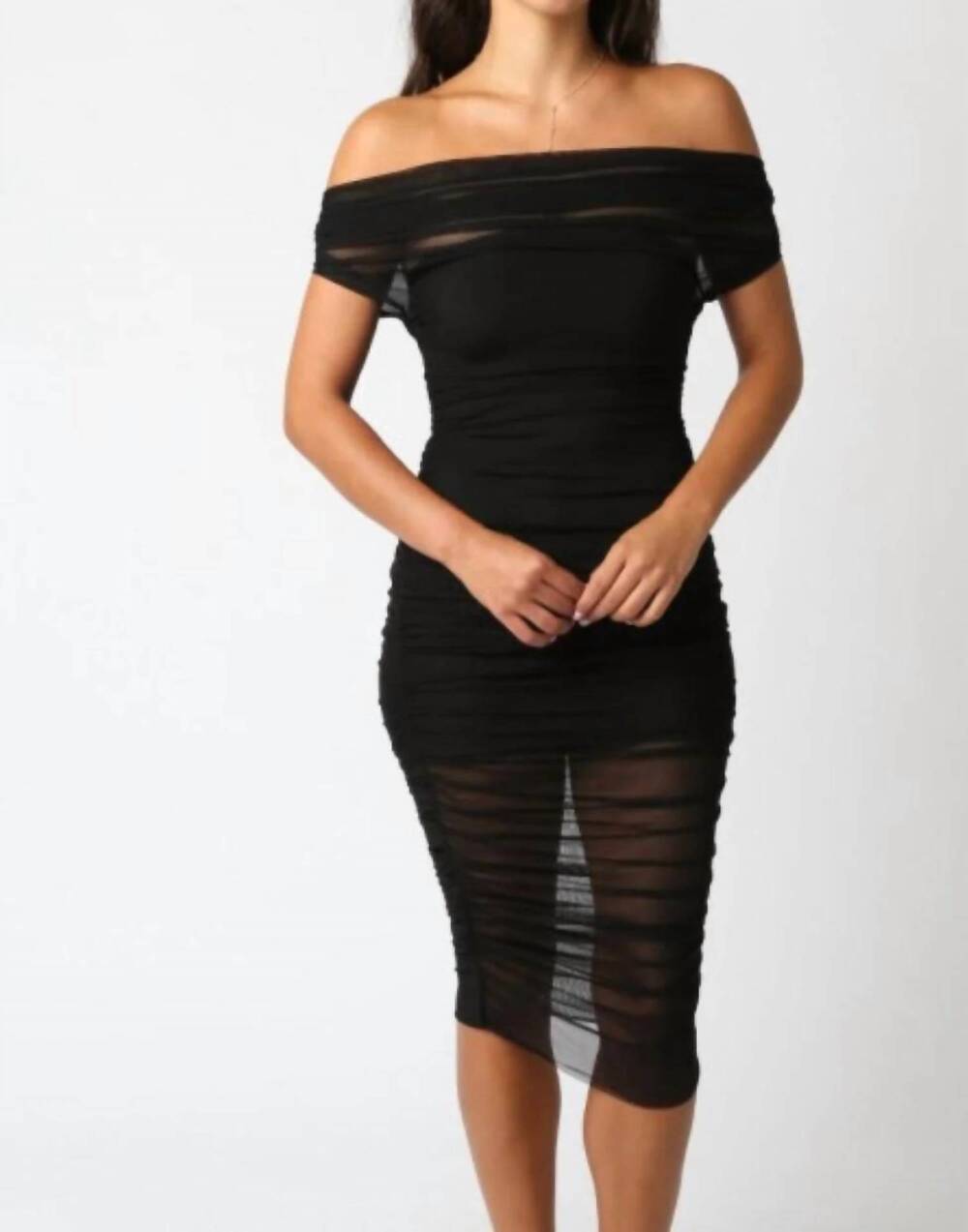 NEW OLIVACEOUS mesh midi dress in black
